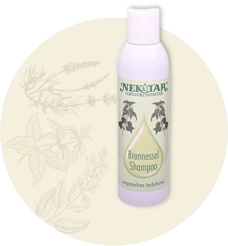 Hellgrüner Kreis, auf dem ein Brennessel Shampoo steht.